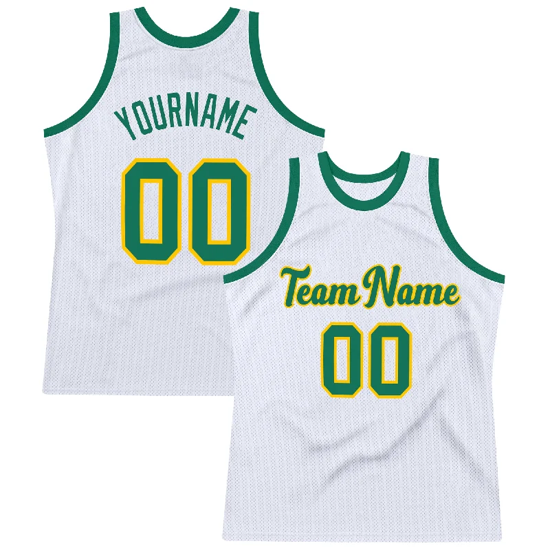 Custom White Kelly Green-Gold Authentic Throwback Basketball Jersey