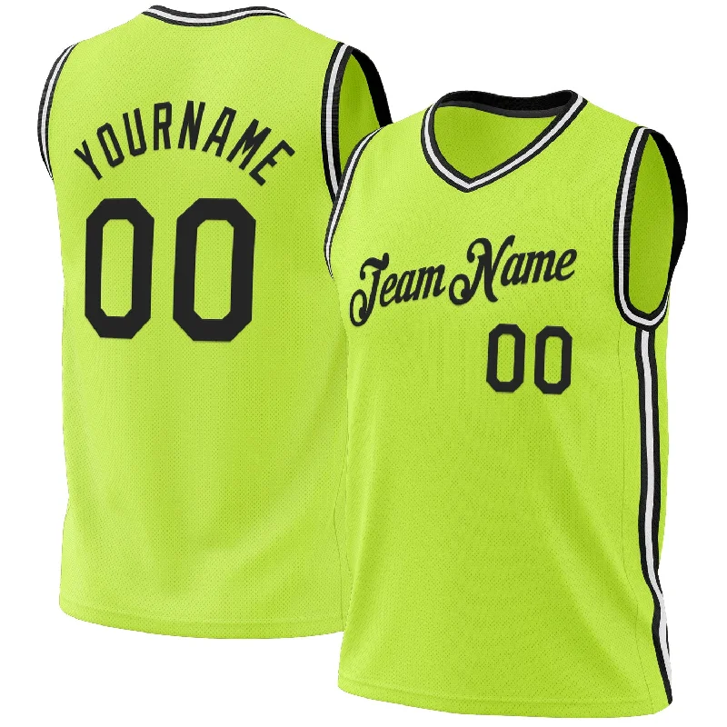 Custom Neon Green Black-White Authentic Throwback Basketball Jersey