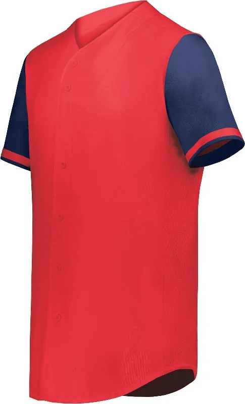 Augusta 6909 Cutter+ Full Button Baseball Jersey - Scarlet Navy