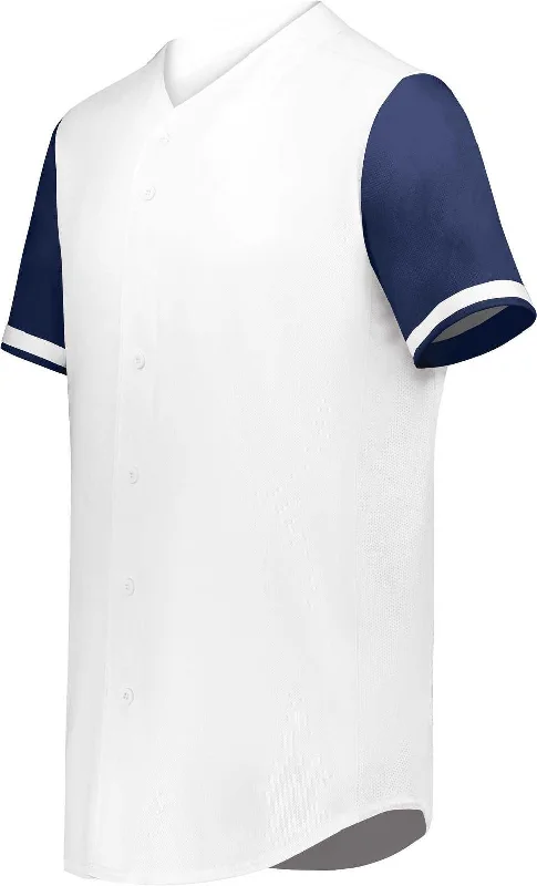 Augusta 6909 Cutter+ Full Button Baseball Jersey - White Navy