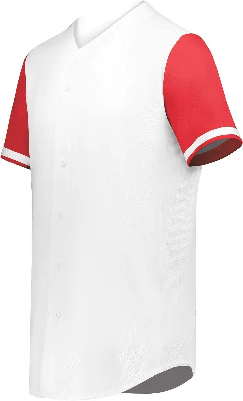 Augusta 6909 Cutter+ Full Button Baseball Jersey - White Scarlet